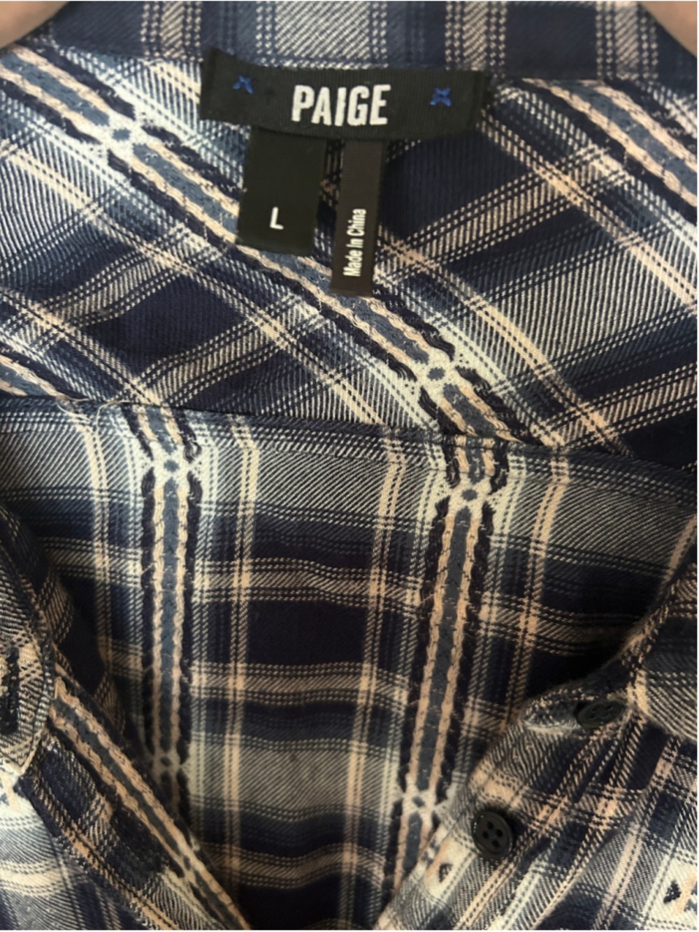 Women's PAIGE Plaid Button Down Shirt Size L Blue White - Picture 3 of 6